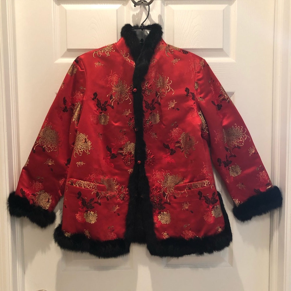 Vintage Asian red gold brocade jacket lined in fur